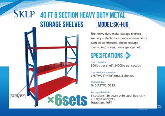 40’x 6 Section Heavy Duty Metal Storage Shelve