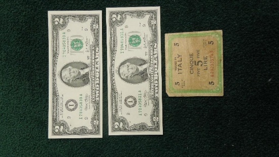(2) 2 Dollar Bills (1) Cinque 5 Lire