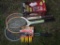 NIB exterior light, tennis rackets, tent stakes