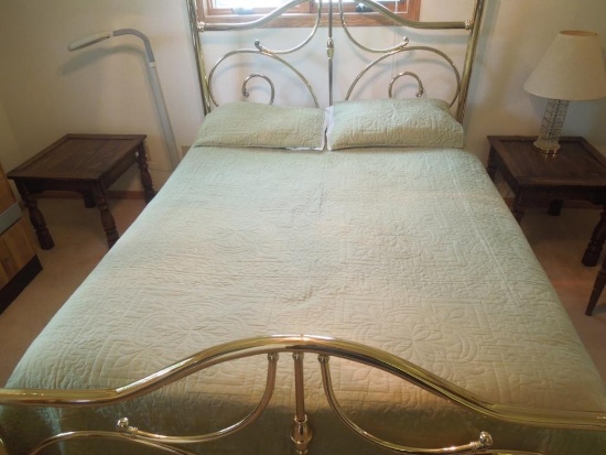 Queen Bed, Brass Frame, and Bedding
