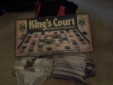 Kings court checkers, lace wall hanging, tote bags