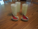 3 Battery Operated Flameless Candles and 2 Sailboat Votive Candle Holders