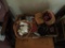Box of Decor, baskets, apples, old camera, sm desk, rabbit