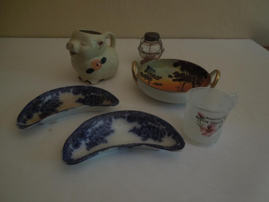 Flo Blue bone dish, pig creamer, hand painted bowl, shaker, small glassware