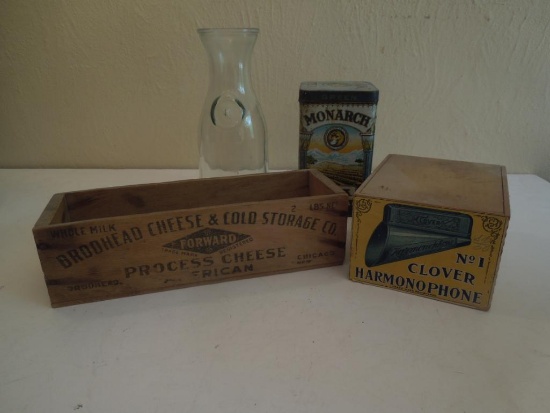 Cheese box, harmonophone box, monarch tea tin, glass milk jar