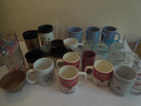 Coffee mugs, glassware, travel mugs, plastic tumblers