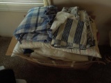 Box of bedding, pillows, comforter, blankets, 2 bags of crochet blankets