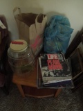 Lg glass jar, puzzles, notepads, Pearl Harbor Life Magazine, old 33 records
