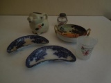 Flo Blue bone dish, pig creamer, hand painted bowl, shaker, small glassware