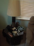 Small occasional table and lamp and contents on table