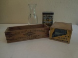 Cheese box, harmonophone box, monarch tea tin, glass milk jar
