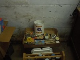Wooden tool box with nails, assorted misc. buckets