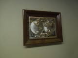 Wood slab clock, globe picture, 2 x aviation pictures