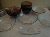 Glass salad bowls, 3 sq glass bowls, sm plastic bowls, glass butter dish