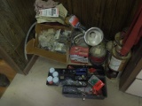 Contents on everything on floor in corner of kitchen, electric supplies, light