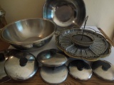 2 large bowls, glass serving tray, pot covers