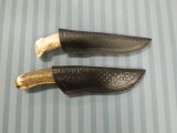 (2) hunting knives with sheaths and antler handles both 9 1/2