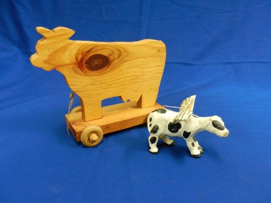 Wooden Cow Pull Toy and Cow with Wings Ornament