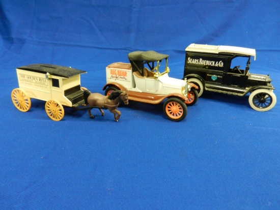 Horse and Carriage Coin Bank, Big Bear, and Sears and Roebuck metal Coin Bank cars