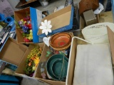Silk flower decorations, sewing box, and wastebasket