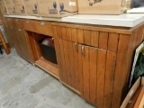 Large wooden shop cabinet, formica top doors and drawers