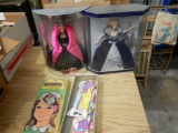 Barbie Holiday doll, Barbie Millennium doll in boxes, skipper paper doll, and Suzy homemaker oven