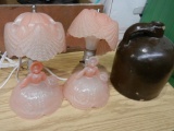 2 Pink vintage dresser lamps, brown jug and stemware