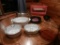 3 piece Corning ware Casserole Set, 3 qtrs. Casserole w Wooden Cradle, (2) Pie Plates
