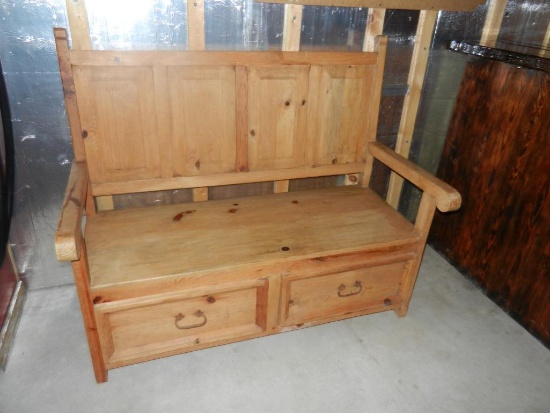 Wooden Bench 51" wide x 43" high w Two Storage Drawers under seat