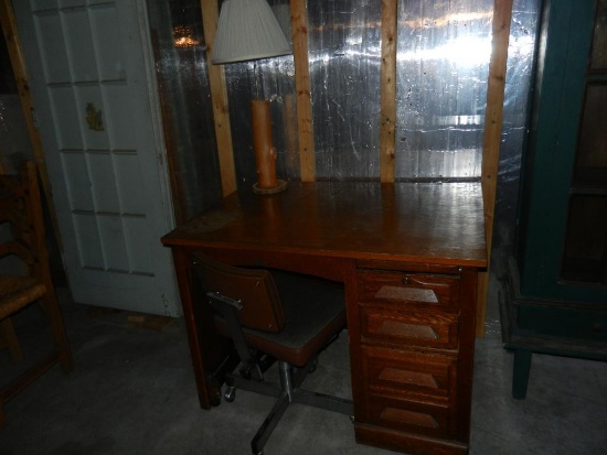 Wooden Single Desk 42" wide x 30" deep, Office Chair w rollers, Wooden Lamp 3 Piece Set Total
