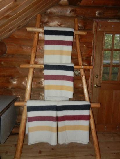 Log Blanket Rack w four striped full size Woolrich Wool Blankets