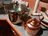 Double Stainless Steel Boiler/Steamer, Copper Tea Kettle & Cast Iron Trivet