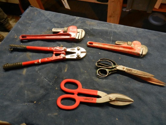 Bolt Cutter, (2) Pipe Wrenches, Tin Snips, Scissors