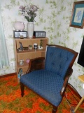 Chair Blue & Book Shelf w/nic-knacks, Pillow & Blankets