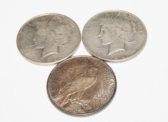 LOT OF 3 1922 PEACE SILVER DOLLARS