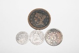 1853 LARGE CENT, 186? SHIELD NICKEL, 1876 DIME, 1858 HALF DIME