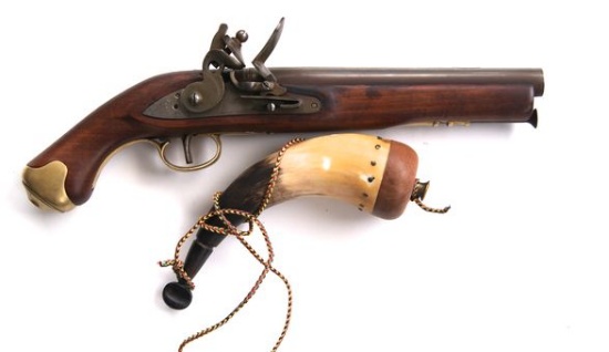 BLACKPOWDER PISTOL MARKED EIG JAPAN WITH POWDER HORN