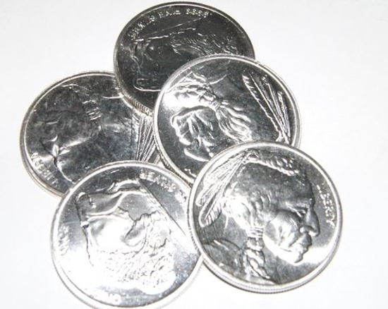 LOT OF 5 1-OZ SILVER BUFFALO ROUNDS