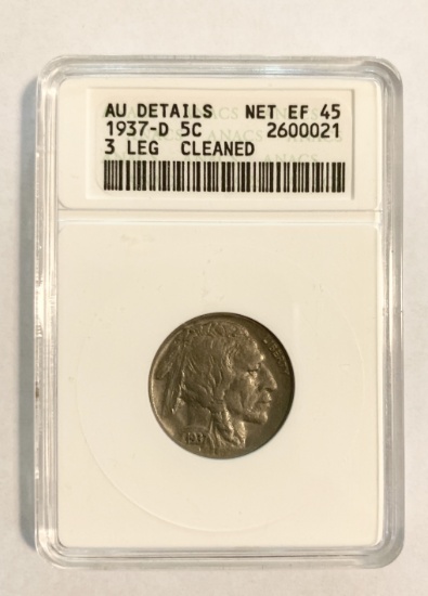 KEY DATE ANACS GRADED EF45 1937-D 3 LEGGED BUFFALO NICKEL