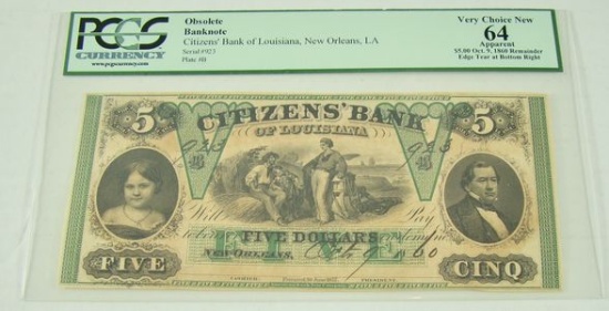 PCGS GRADED 64 RARE 1860 CITIZENS BANK  $5 NOTE