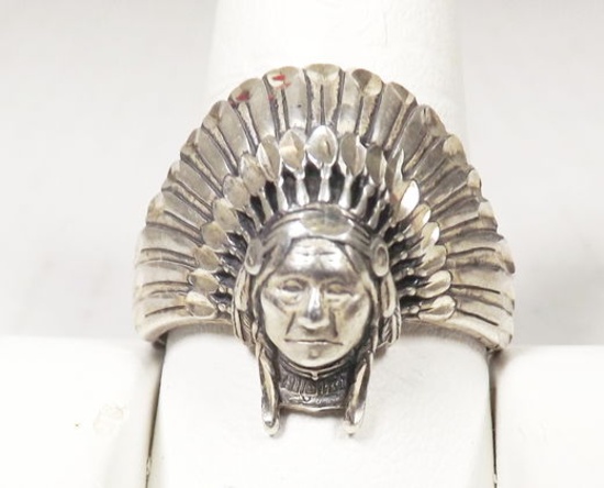 HIGHLY DETAILED INDIAN CHIEF STERLING SILVER RING