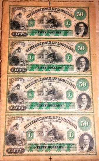 ULTRA RARE MID-1800'S $50 UNCUT SHEET "CITIZENS BANK OF LOUISIANA"