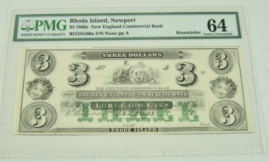 PMG GRADED CHOICE UNC 64 "THE NEW ENGLAND COMMERCIAL BANK" $3.00 NOTE FROM THE 1860'S