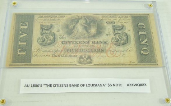 RARE AU CONDITION 1800'S "CITIZENS BANK OF LOUISIANA" $5.00 NOTE
