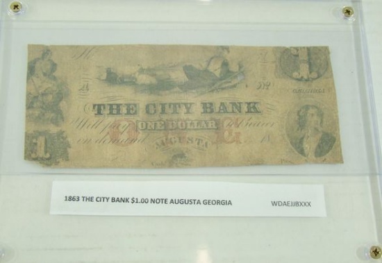 1863 CIVIL WAR ERA "THE CITY BANK" AUGUSTA GA. $1.00 NOTE
