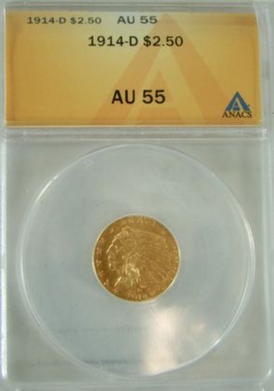 1914-D KEY DATE $2.50 INDIAN HEAD GOLD COIN GRADED AU 55