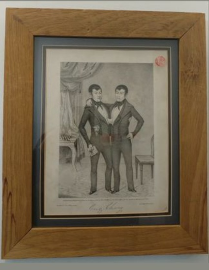 ULTRA RARE 1830'S FRAMED ETCHING OF CHANG & ENG BUNKER "SIAMESE TWINS"
