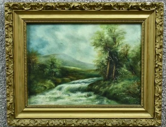 SMALL ANTIQUE OIL PAINTING (UNSIGNED) IN THE "HUDSON RIVER STYLE"