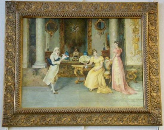 VERY LARGE EUROPEAN STYLE OIL PAINTING IN GILT FRAME (NO SHIPPING)