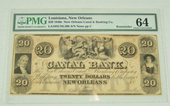 PMG GRADED CHOICE UNC. 64 1840'S "CANAL BANK" $20 NOTE